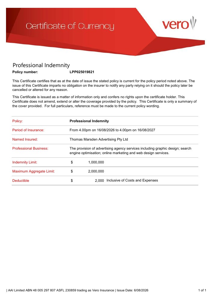 Professional Indemnity certificate thumbnail
